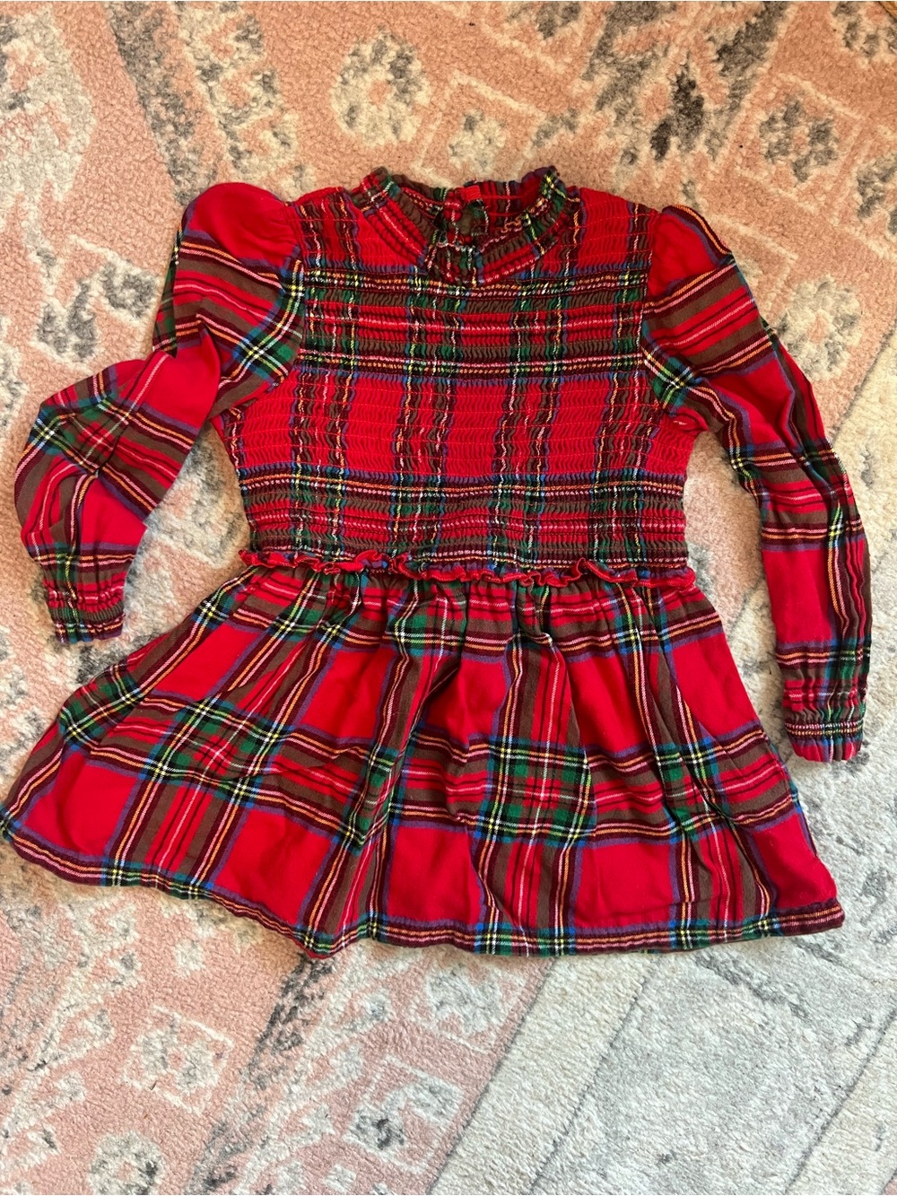 Girls Red Plaid Long-Sleeve Smocked Dress Top